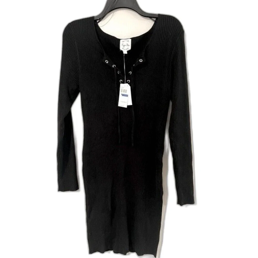 HIPPIE ROSE Juniors' Lace Up Sweater Dress black dress XL